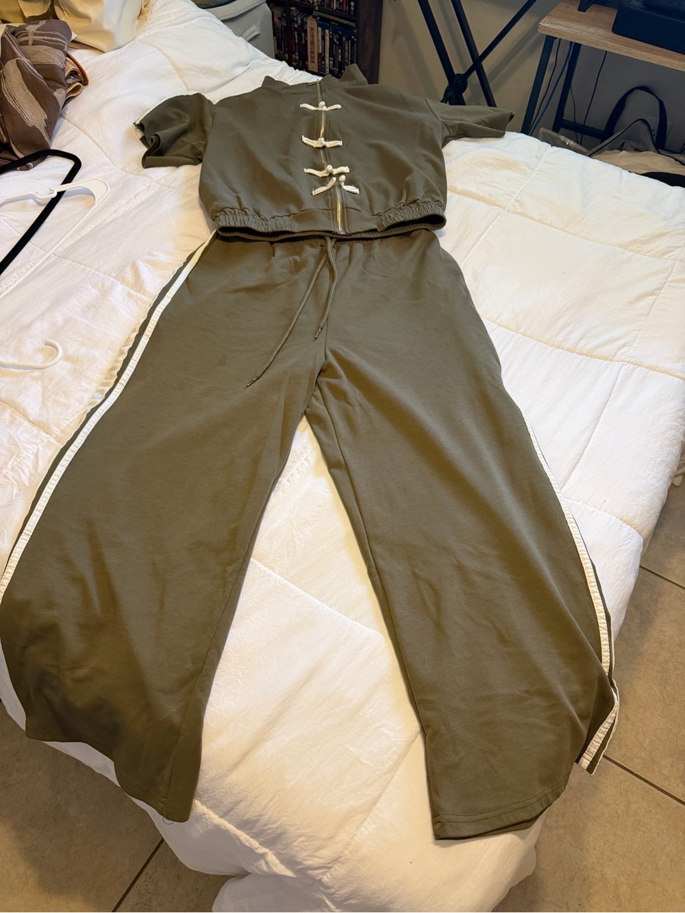 Olive Wide-Leg Drawstring Pants with Contrast Side Stripe